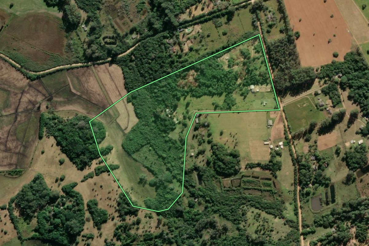 Imagem de satélite do imóvel rural em Viamão (RS), com o contorno declarado no CAR desenhado por cima.