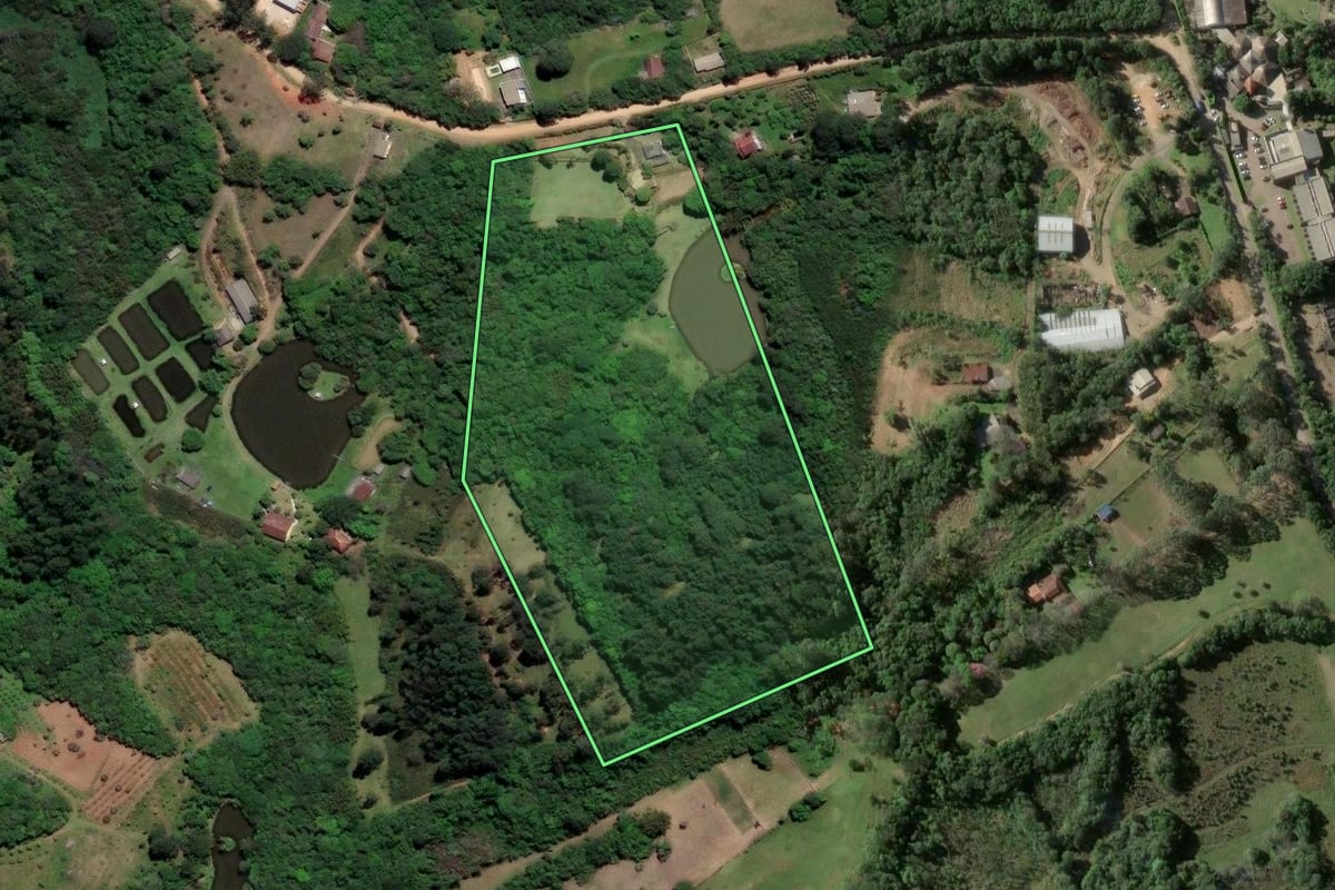 Imagem de satélite do imóvel rural em Viamão (RS), com o contorno declarado no CAR desenhado por cima.
