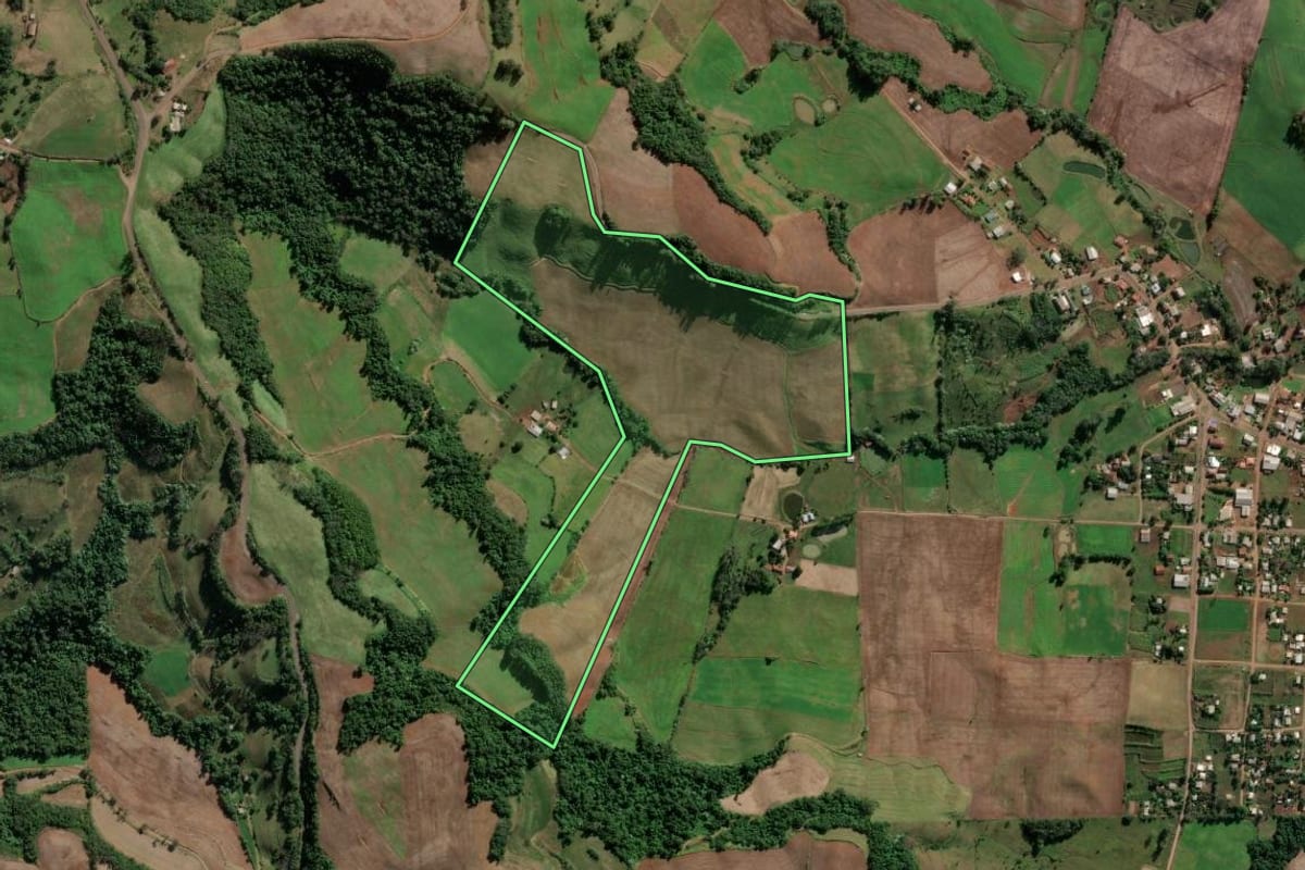 Imagem de satélite do imóvel rural em Vicente Dutra (RS), com o contorno declarado no CAR desenhado por cima.