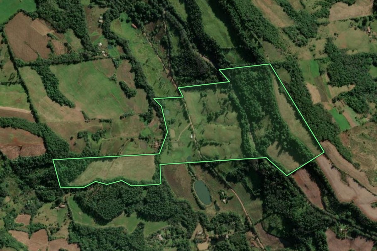 Imagem de satélite do imóvel rural em Vicente Dutra (RS), com o contorno declarado no CAR desenhado por cima.