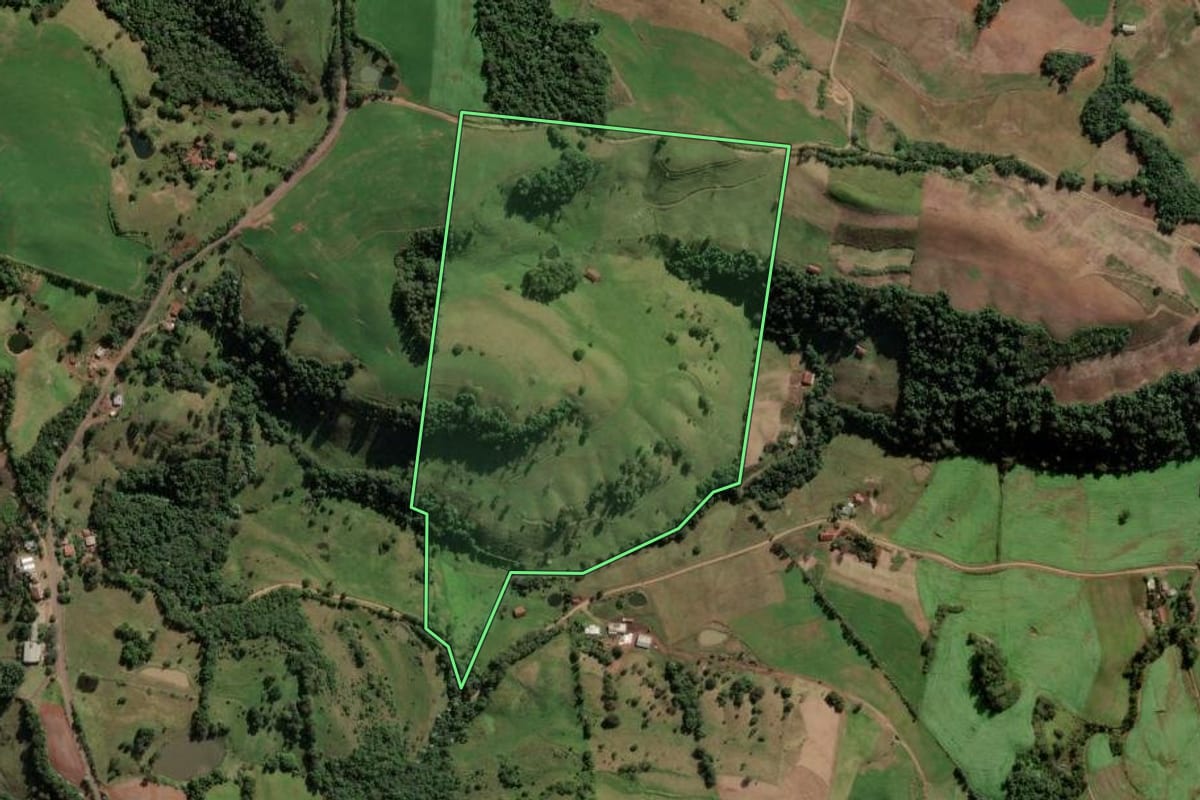 Imagem de satélite do imóvel rural em Vicente Dutra (RS), com o contorno declarado no CAR desenhado por cima.