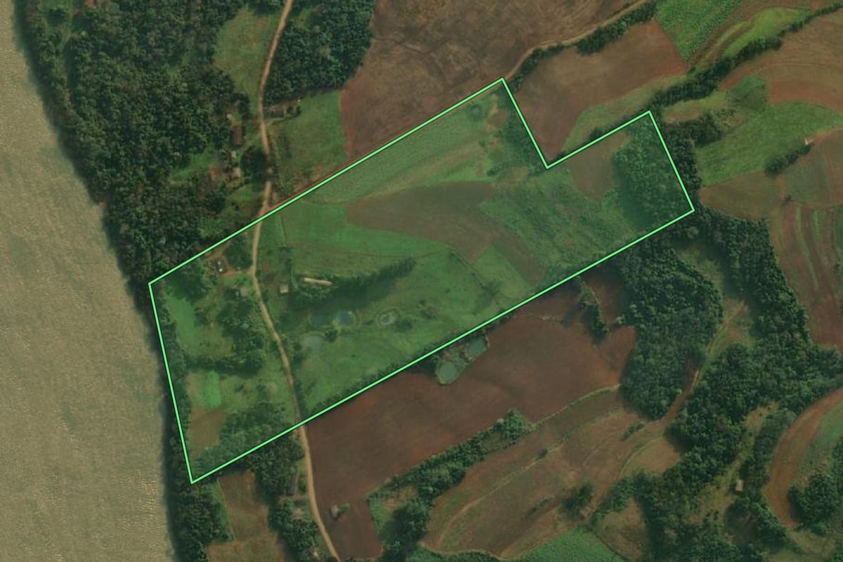 Imagem de satélite do imóvel rural em Vicente Dutra (RS), com o contorno declarado no CAR desenhado por cima.