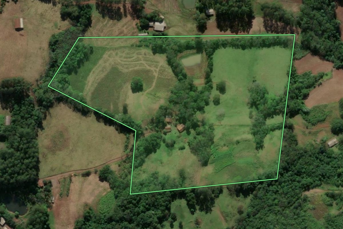 Imagem de satélite do imóvel rural em Vicente Dutra (RS), com o contorno declarado no CAR desenhado por cima.