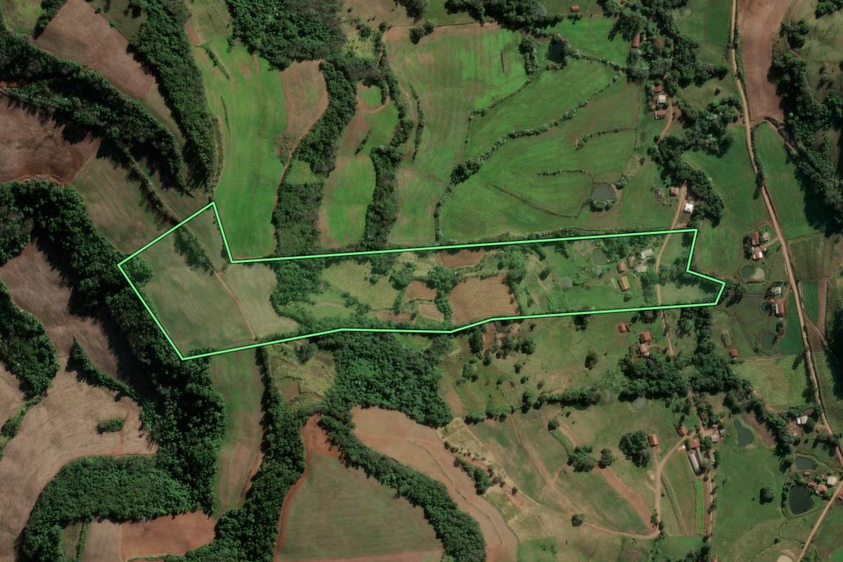 Imagem de satélite do imóvel rural em Vicente Dutra (RS), com o contorno declarado no CAR desenhado por cima.