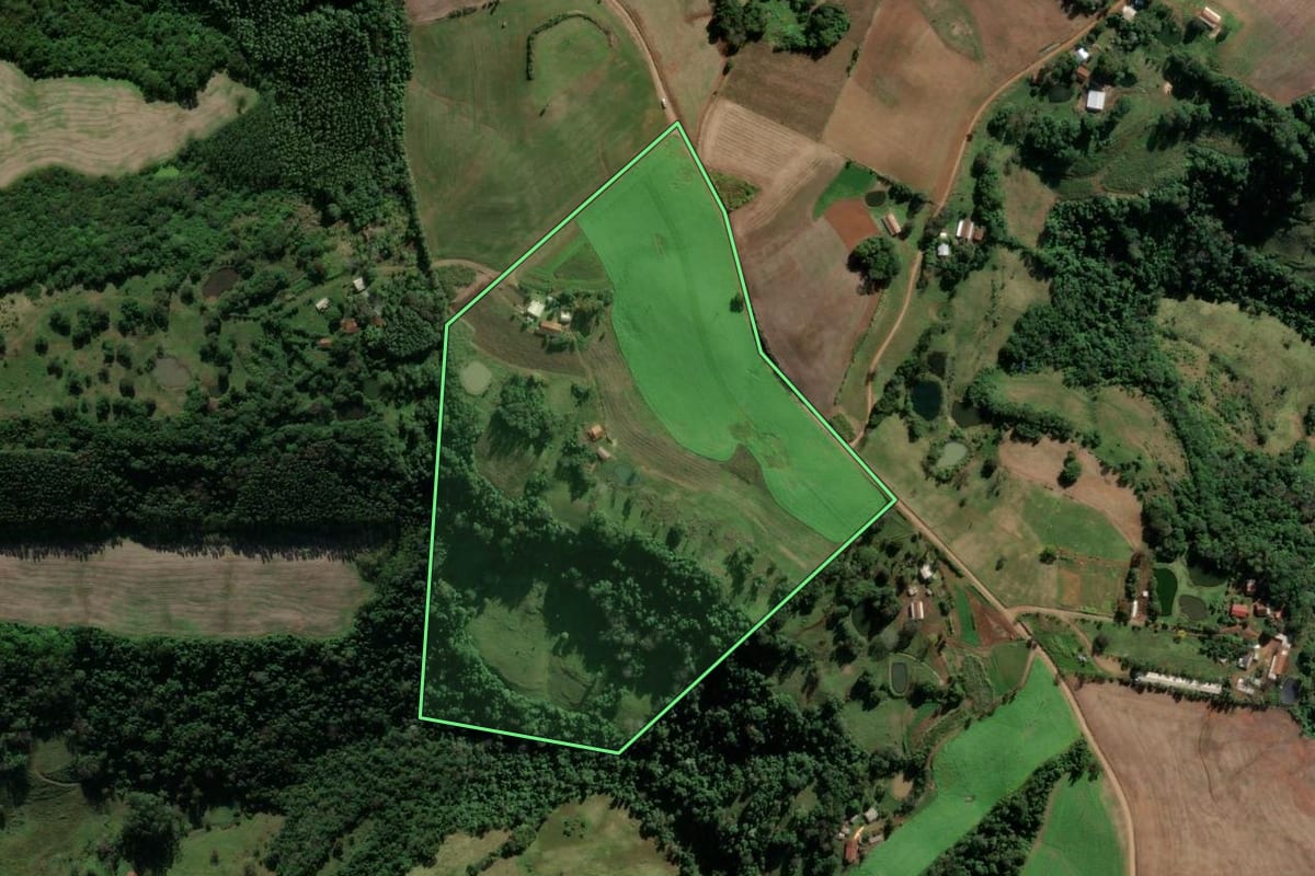Imagem de satélite do imóvel rural em Vicente Dutra (RS), com o contorno declarado no CAR desenhado por cima.