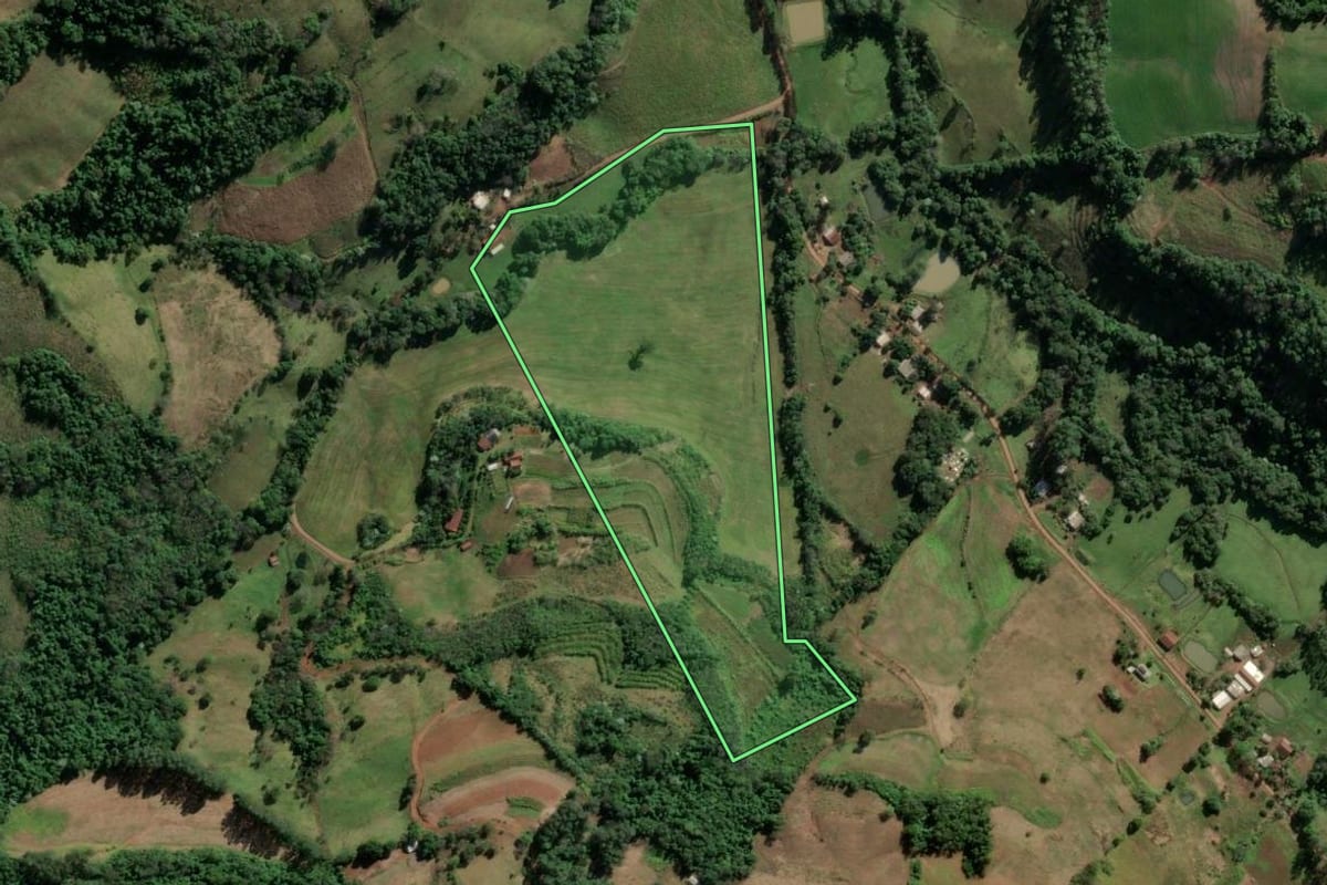 Imagem de satélite do imóvel rural em Vicente Dutra (RS), com o contorno declarado no CAR desenhado por cima.
