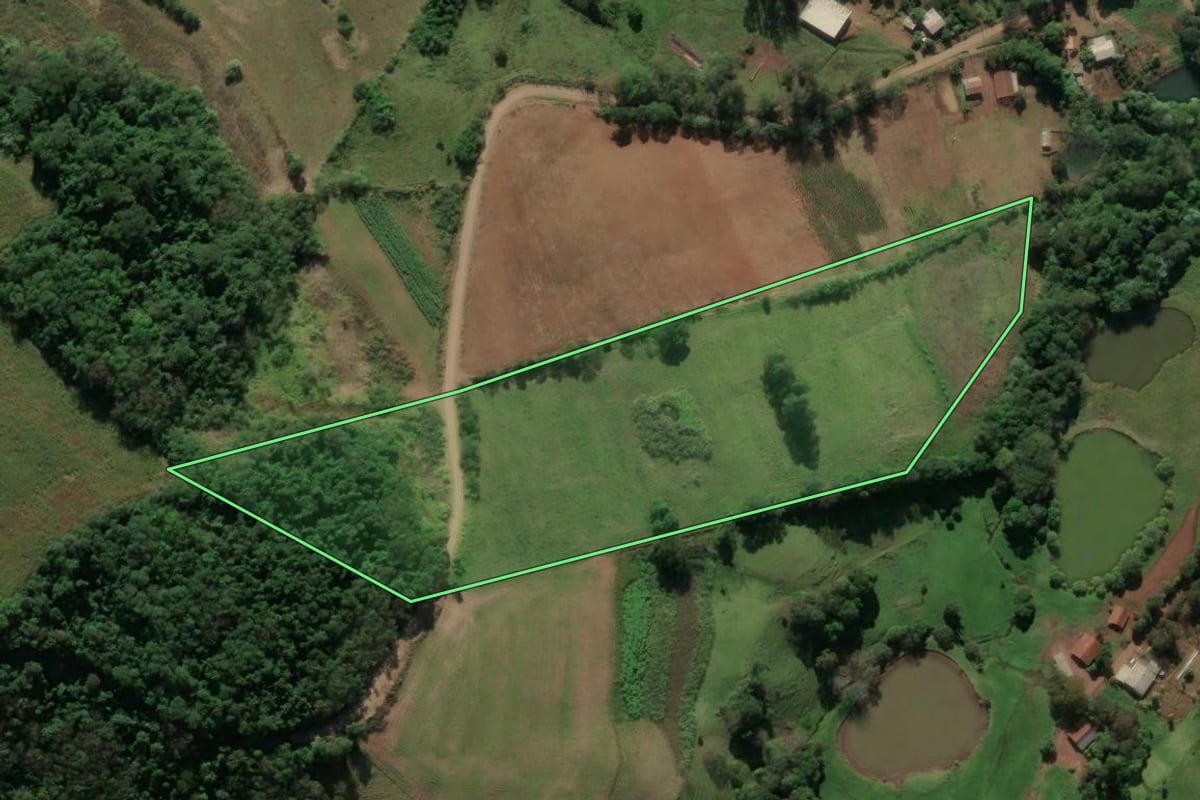 Imagem de satélite do imóvel rural em Vicente Dutra (RS), com o contorno declarado no CAR desenhado por cima.