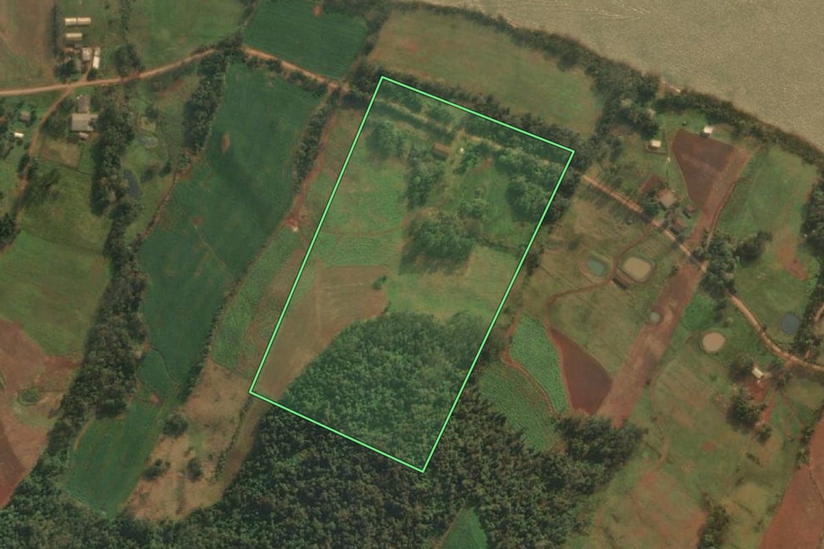 Imagem de satélite do imóvel rural em Vicente Dutra (RS), com o contorno declarado no CAR desenhado por cima.