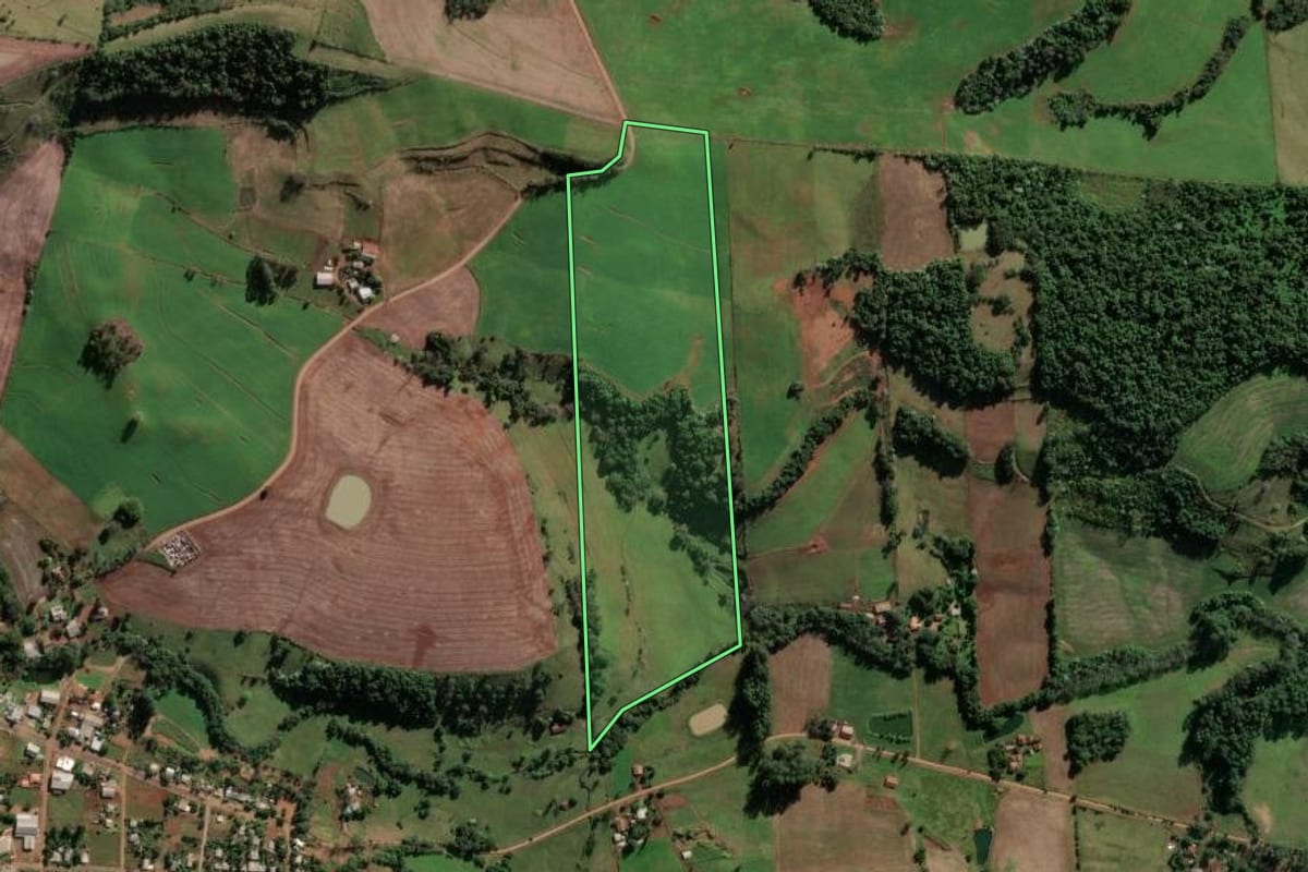 Imagem de satélite do imóvel rural em Vicente Dutra (RS), com o contorno declarado no CAR desenhado por cima.