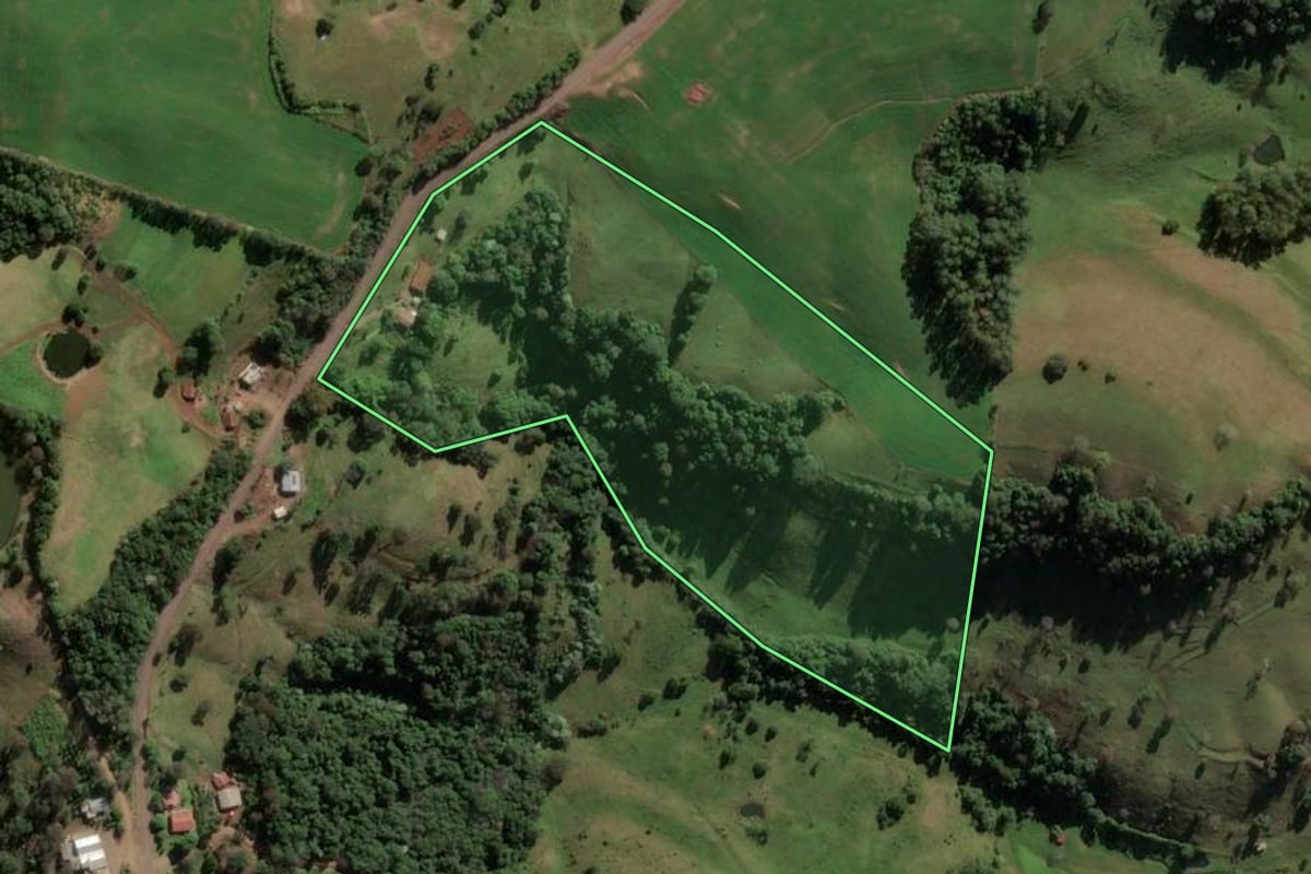 Imagem de satélite do imóvel rural em Vicente Dutra (RS), com o contorno declarado no CAR desenhado por cima.
