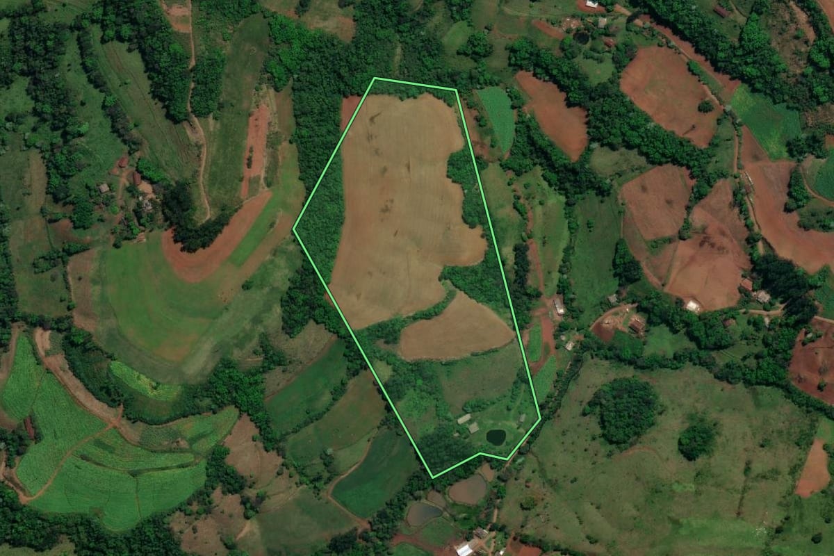 Imagem de satélite do imóvel rural em Vicente Dutra (RS), com o contorno declarado no CAR desenhado por cima.
