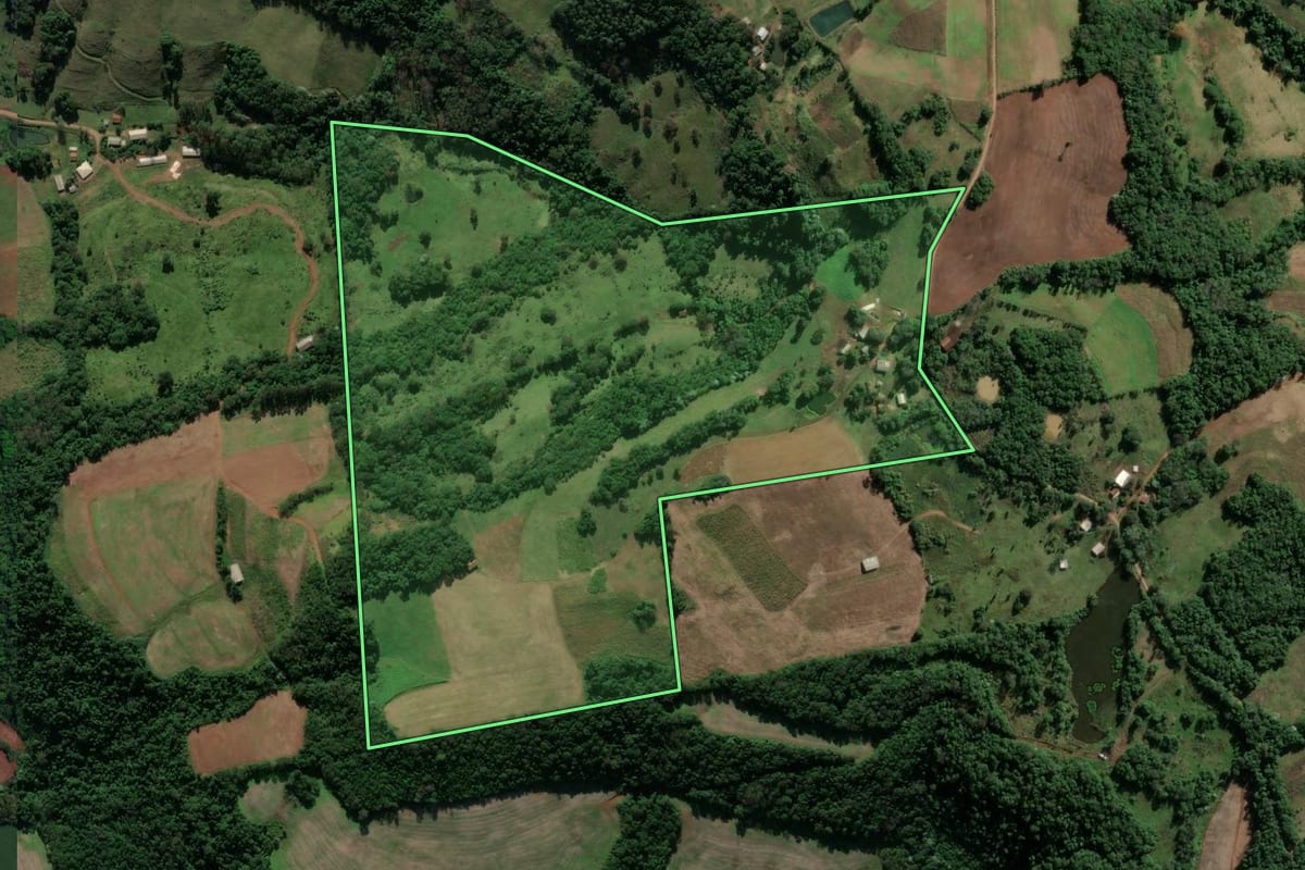 Imagem de satélite do imóvel rural em Vicente Dutra (RS), com o contorno declarado no CAR desenhado por cima.