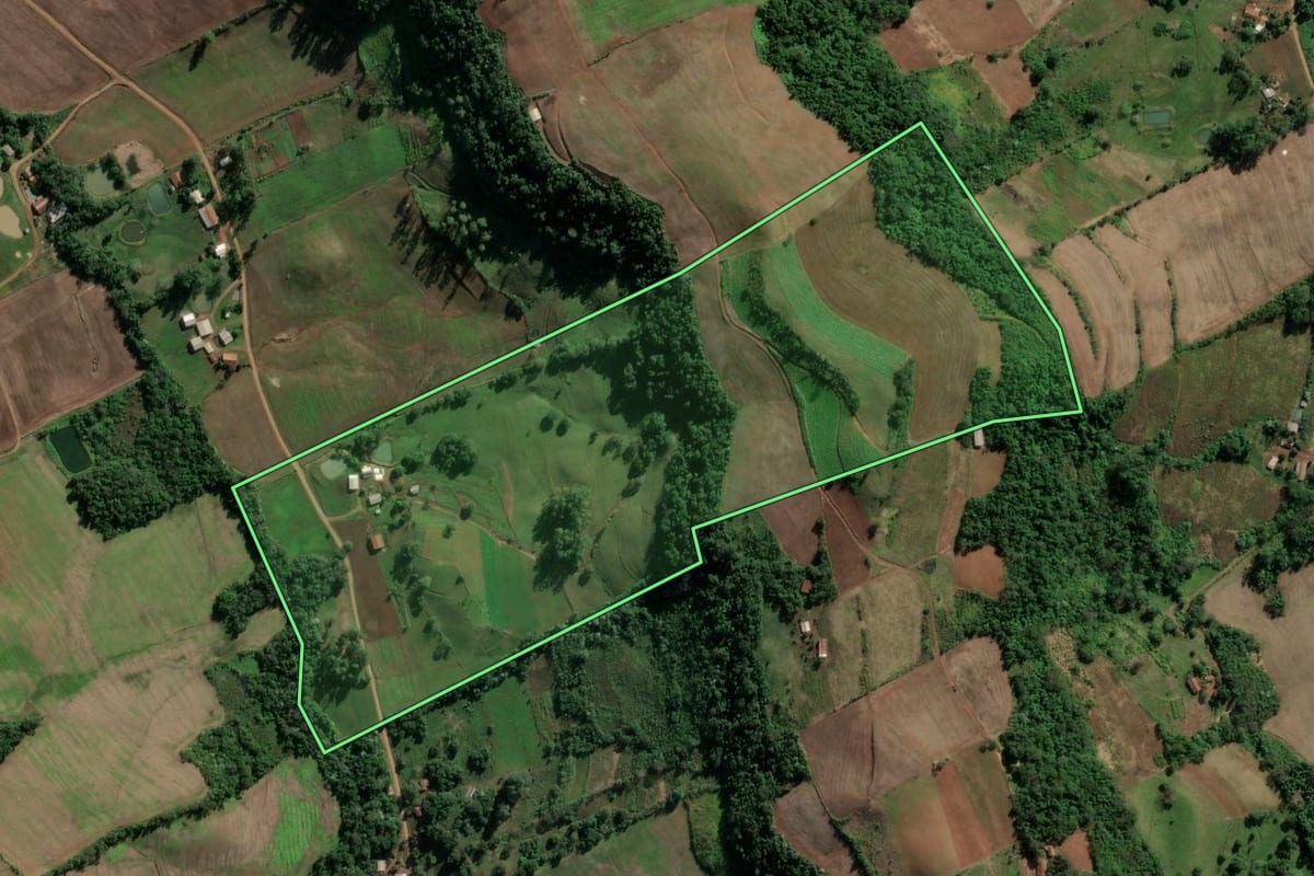 Imagem de satélite do imóvel rural em Vicente Dutra (RS), com o contorno declarado no CAR desenhado por cima.