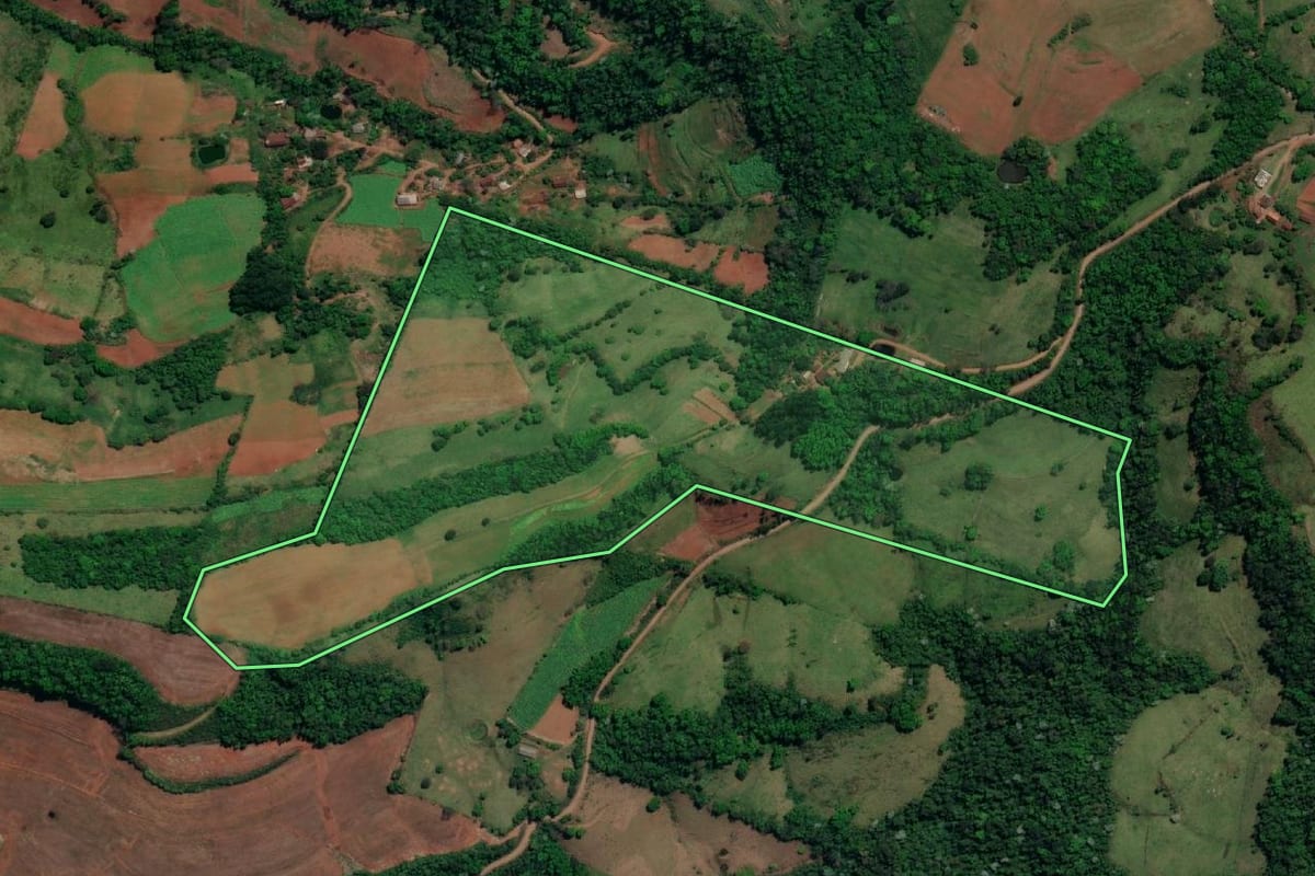 Imagem de satélite do imóvel rural em Vicente Dutra (RS), com o contorno declarado no CAR desenhado por cima.