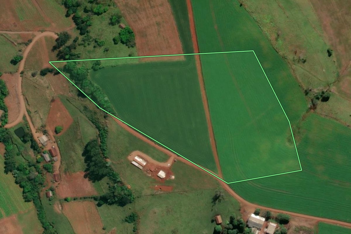 Imagem de satélite do imóvel rural em Vicente Dutra (RS), com o contorno declarado no CAR desenhado por cima.