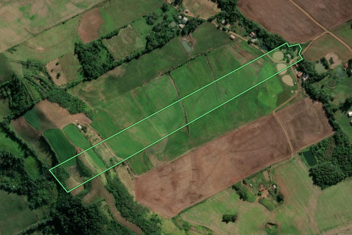 Imagem de satélite do imóvel rural em Vicente Dutra (RS), com o contorno declarado no CAR desenhado por cima.