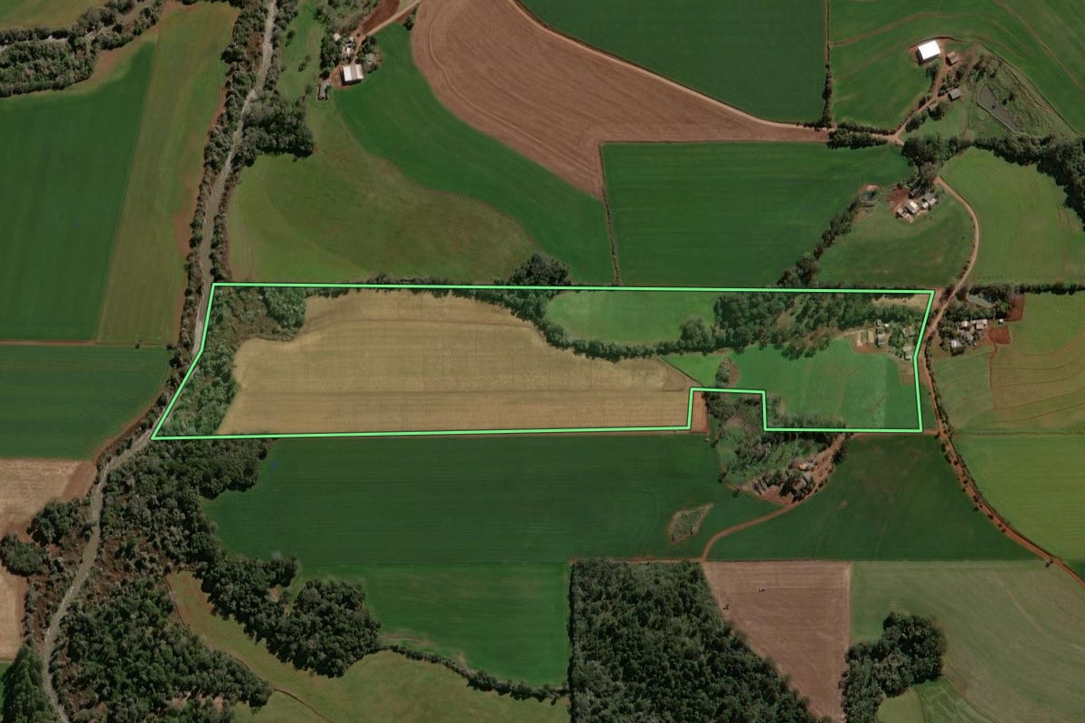 Imagem de satélite do imóvel rural em Victor Graeff (RS), com o contorno declarado no CAR desenhado por cima.