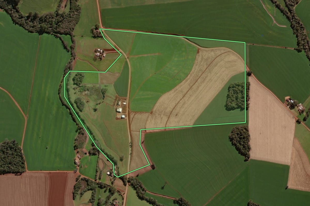 Imagem de satélite do imóvel rural em Victor Graeff (RS), com o contorno declarado no CAR desenhado por cima.