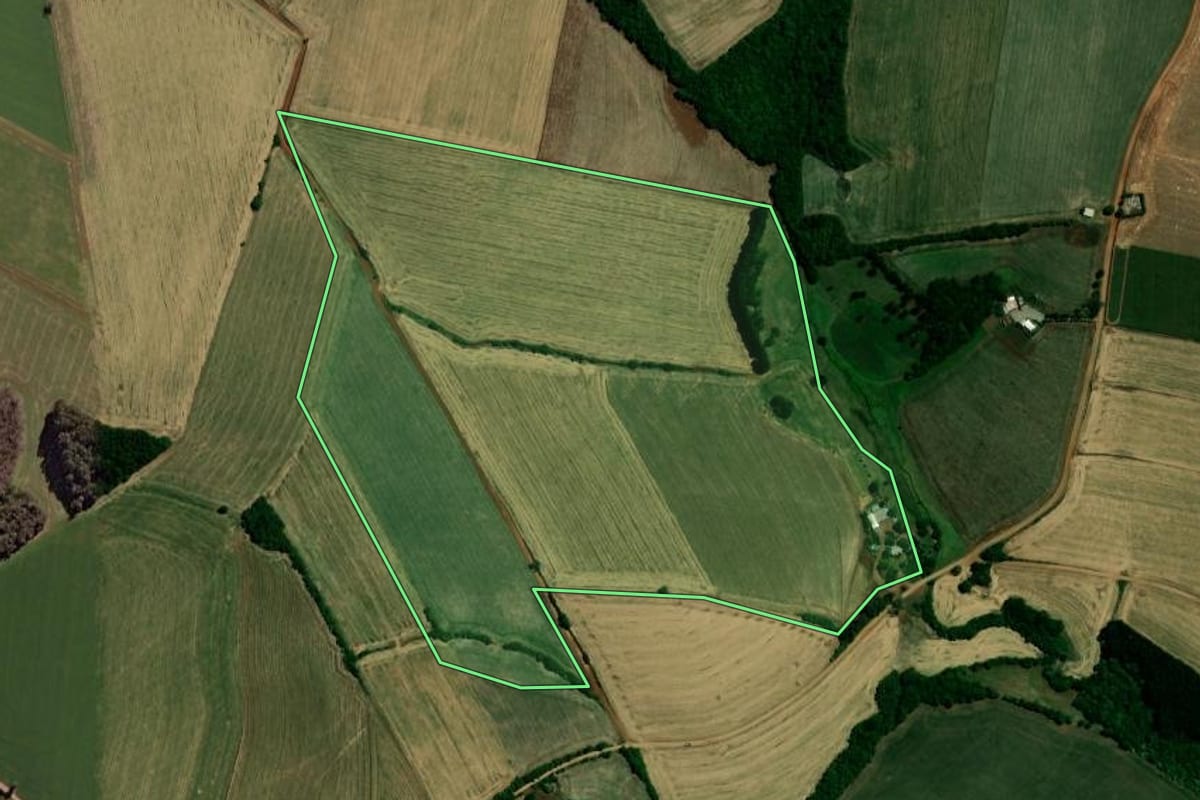 Imagem de satélite do imóvel rural em Victor Graeff (RS), com o contorno declarado no CAR desenhado por cima.