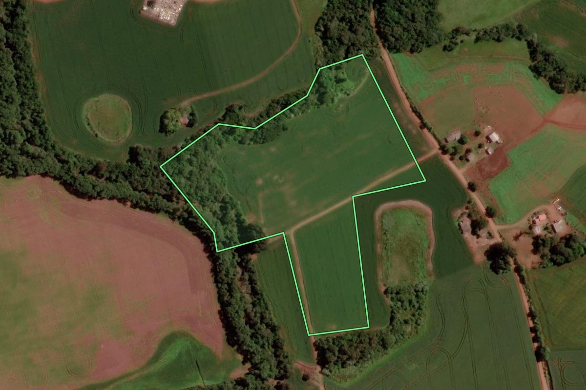 Imagem de satélite do imóvel rural em Victor Graeff (RS), com o contorno declarado no CAR desenhado por cima.