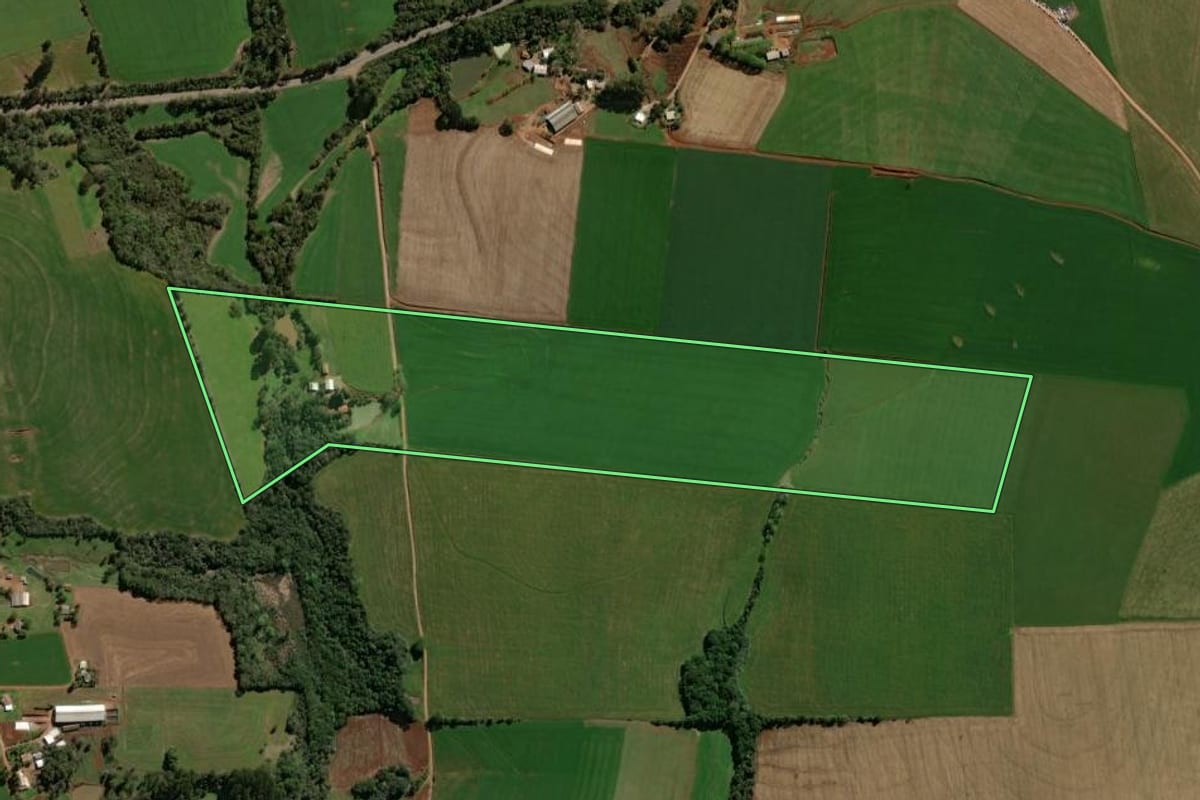 Imagem de satélite do imóvel rural em Victor Graeff (RS), com o contorno declarado no CAR desenhado por cima.