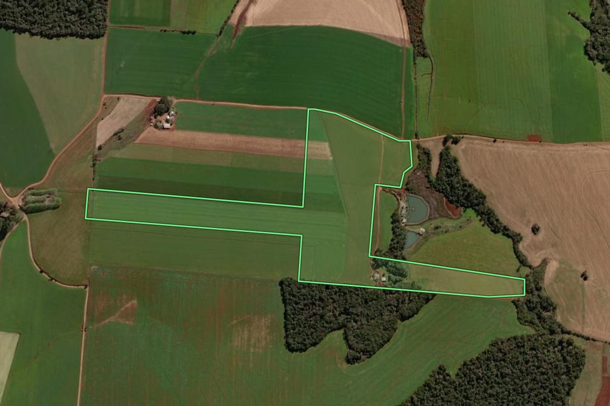 Imagem de satélite do imóvel rural em Victor Graeff (RS), com o contorno declarado no CAR desenhado por cima.