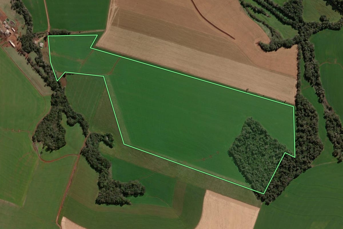 Imagem de satélite do imóvel rural em Victor Graeff (RS), com o contorno declarado no CAR desenhado por cima.