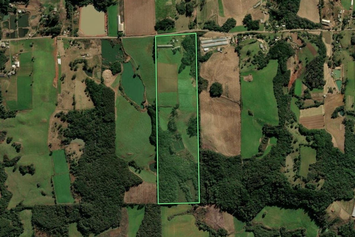 Imagem de satélite do imóvel rural em Vila Flores (RS), com o contorno declarado no CAR desenhado por cima.