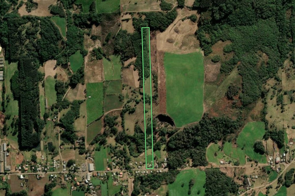 Imagem de satélite do imóvel rural em Vila Flores (RS), com o contorno declarado no CAR desenhado por cima.