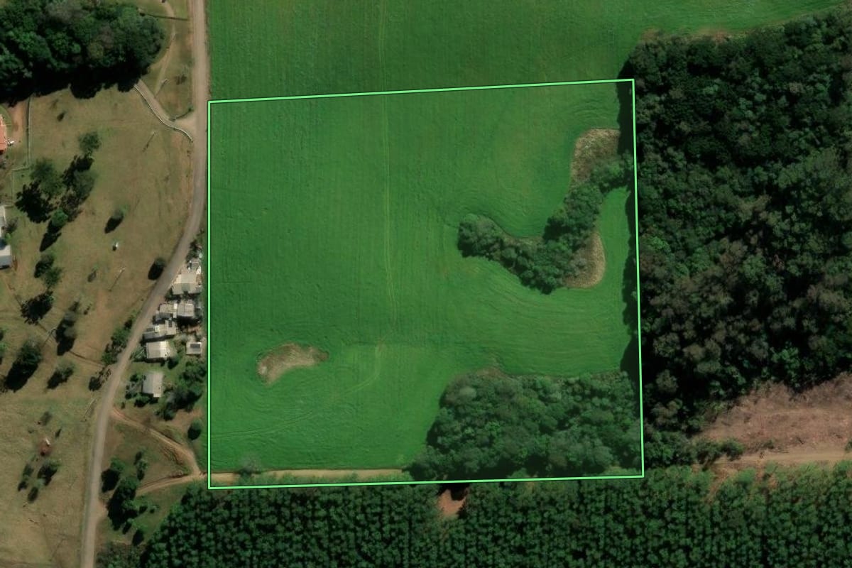 Imagem de satélite do imóvel rural em Vila Flores (RS), com o contorno declarado no CAR desenhado por cima.