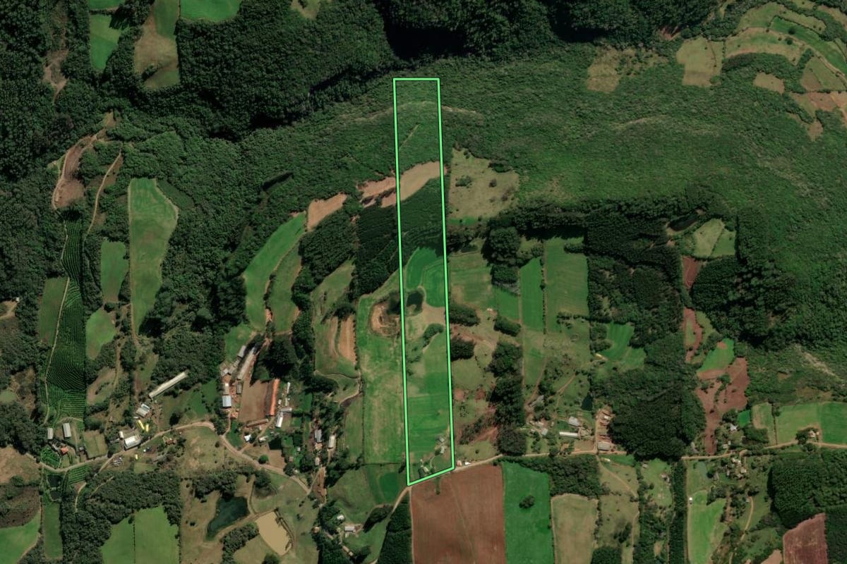 Imagem de satélite do imóvel rural em Vila Flores (RS), com o contorno declarado no CAR desenhado por cima.
