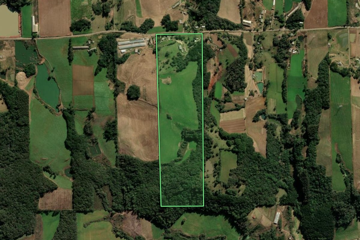 Imagem de satélite do imóvel rural em Vila Flores (RS), com o contorno declarado no CAR desenhado por cima.