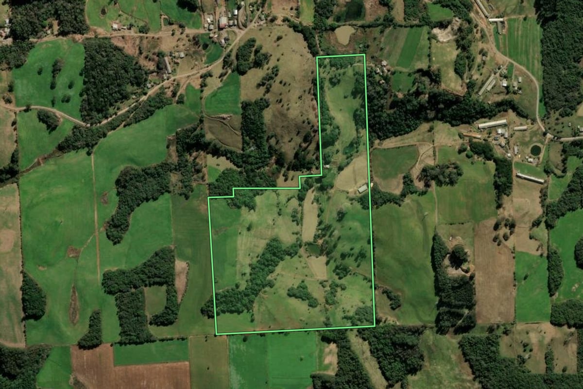 Imagem de satélite do imóvel rural em Vila Flores (RS), com o contorno declarado no CAR desenhado por cima.