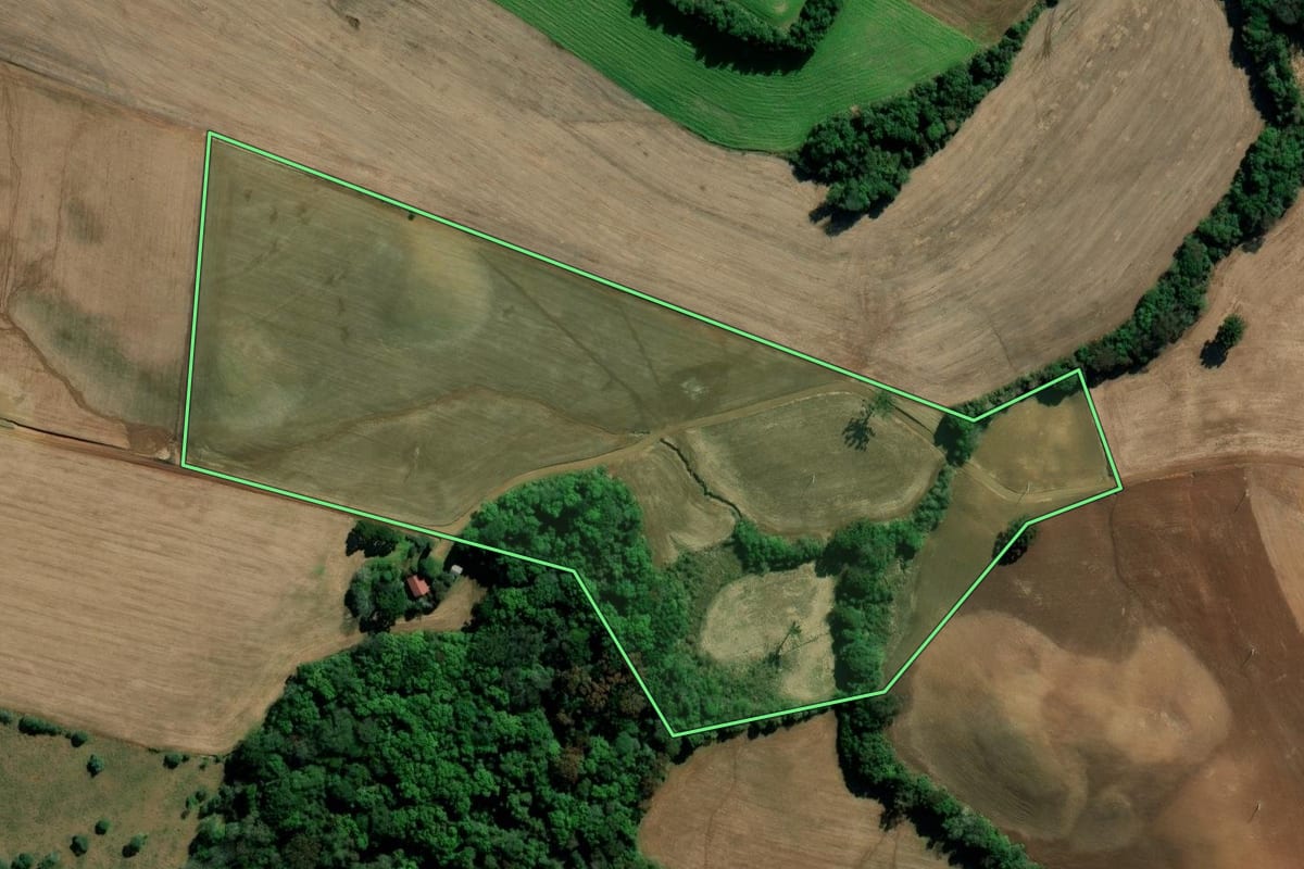 Imagem de satélite do imóvel rural em Vila Lângaro (RS), com o contorno declarado no CAR desenhado por cima.