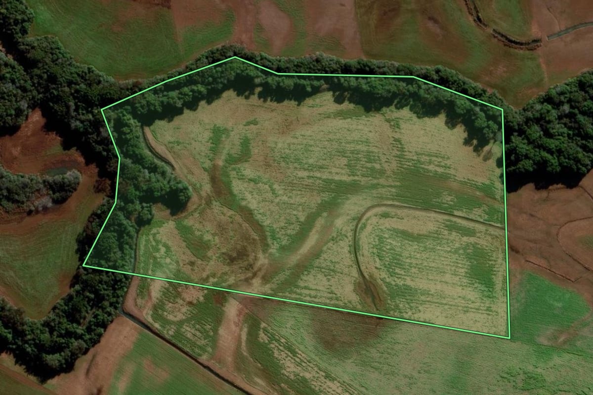 Imagem de satélite do imóvel rural em Vila Lângaro (RS), com o contorno declarado no CAR desenhado por cima.