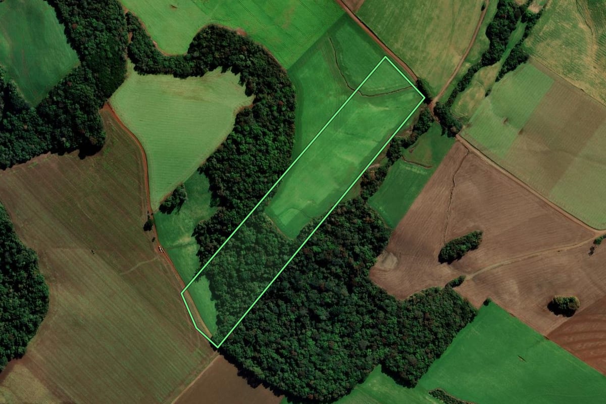 Imagem de satélite do imóvel rural em Vila Lângaro (RS), com o contorno declarado no CAR desenhado por cima.