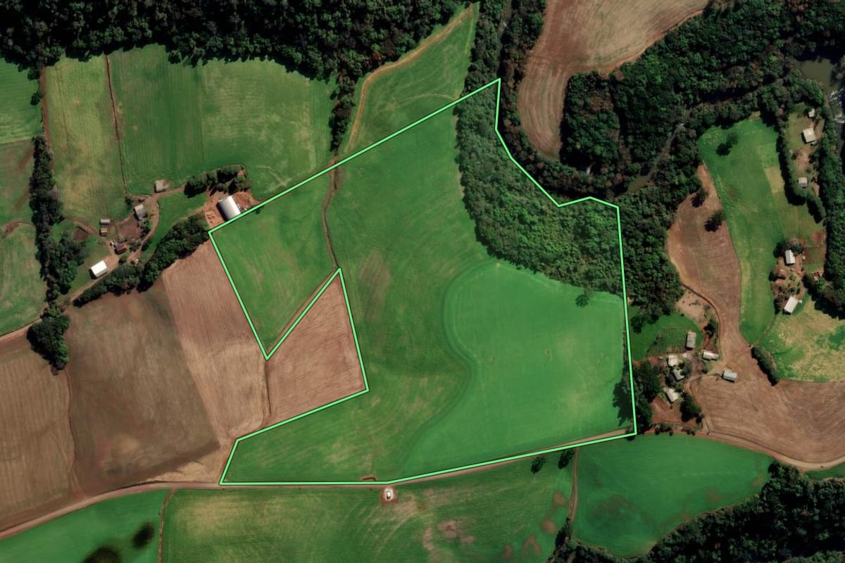 Imagem de satélite do imóvel rural em Vila Lângaro (RS), com o contorno declarado no CAR desenhado por cima.