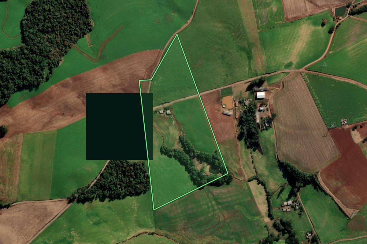 Imagem de satélite do imóvel rural em Vila Lângaro (RS), com o contorno declarado no CAR desenhado por cima.