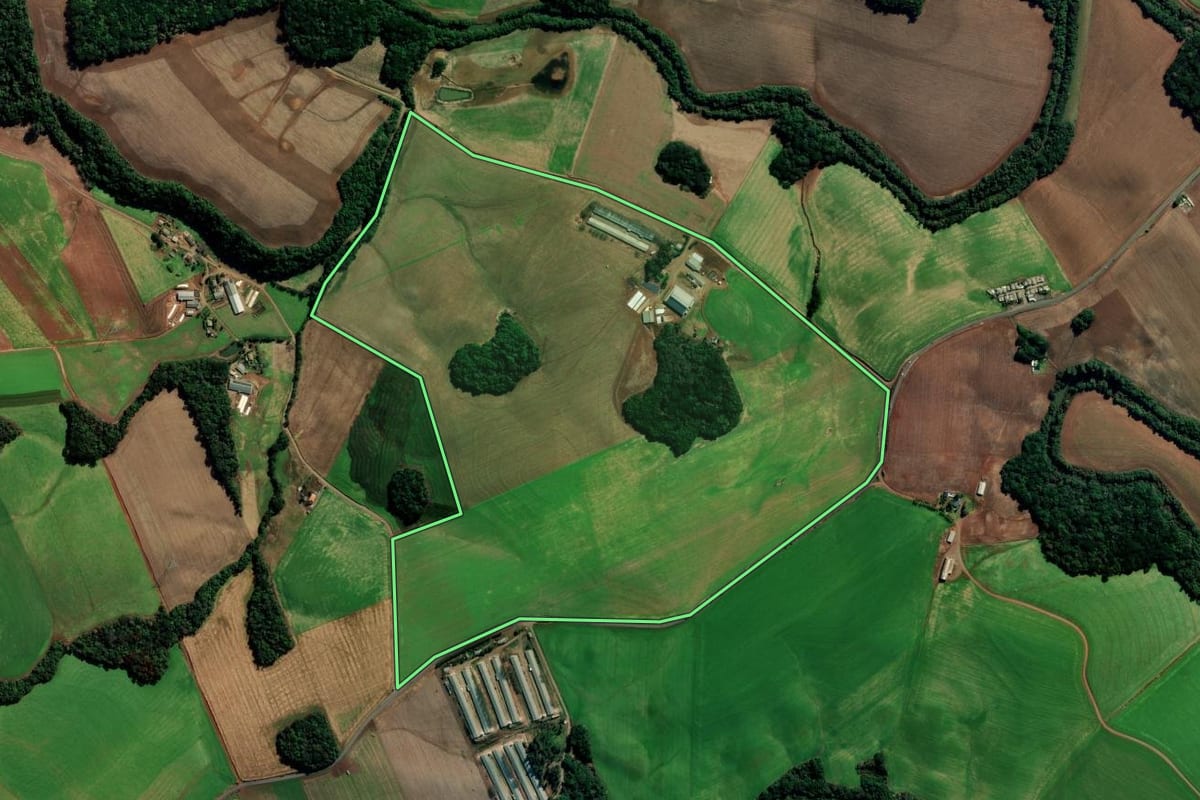 Imagem de satélite do imóvel rural em Vila Lângaro (RS), com o contorno declarado no CAR desenhado por cima.