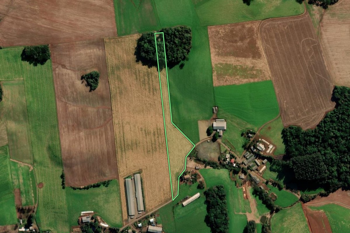 Imagem de satélite do imóvel rural em Vila Lângaro (RS), com o contorno declarado no CAR desenhado por cima.