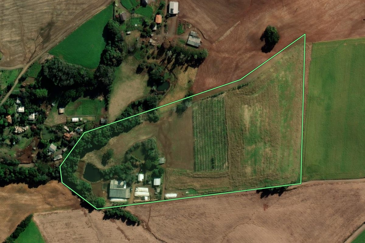 Imagem de satélite do imóvel rural em Vila Lângaro (RS), com o contorno declarado no CAR desenhado por cima.