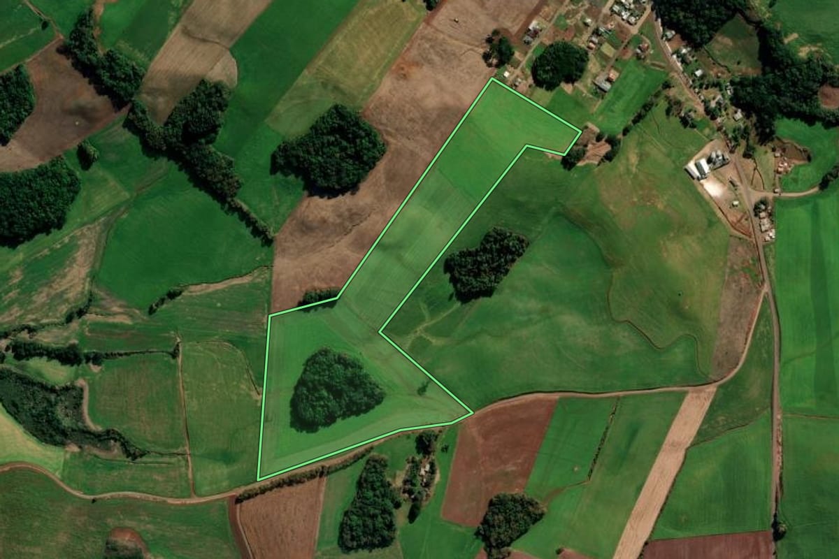 Imagem de satélite do imóvel rural em Vila Lângaro (RS), com o contorno declarado no CAR desenhado por cima.