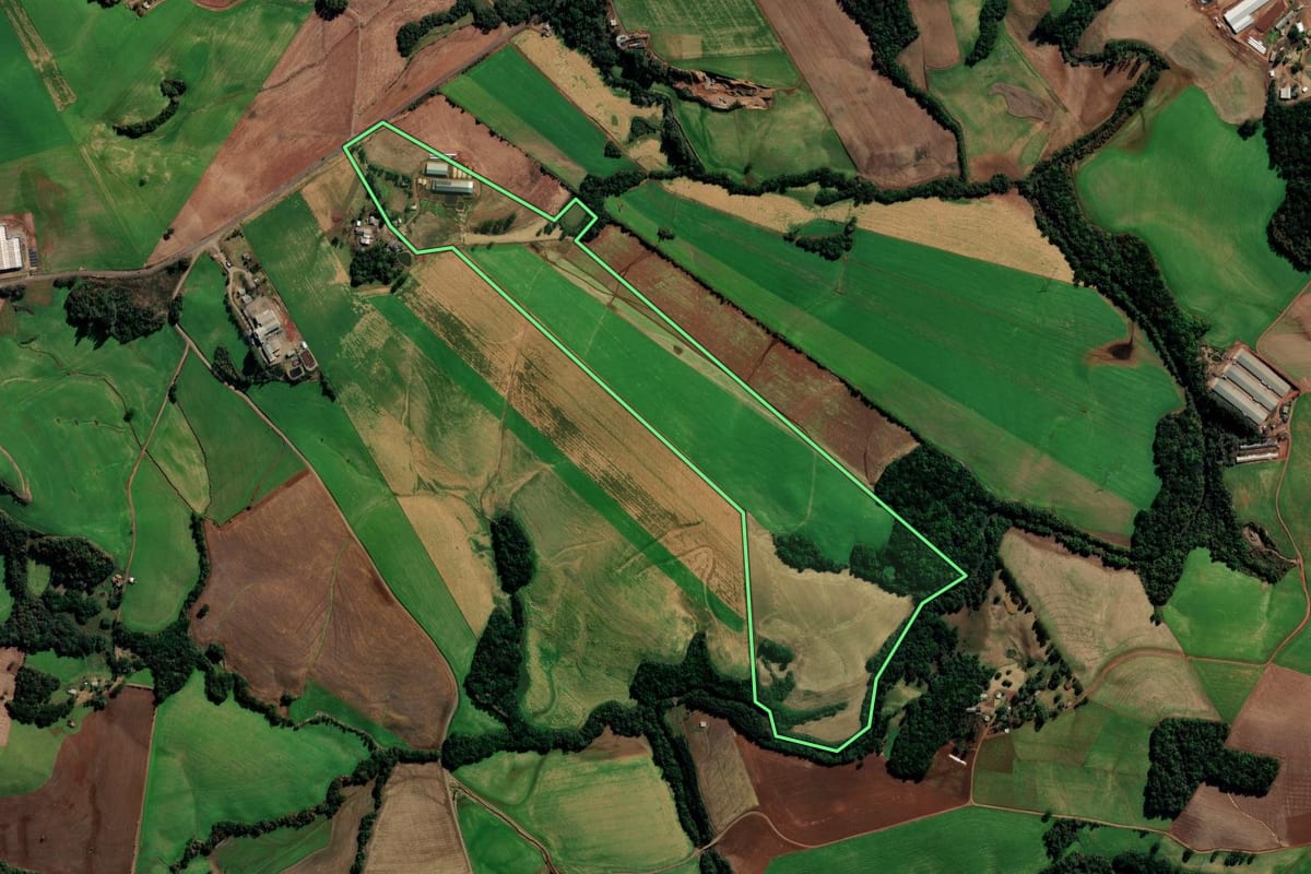 Imagem de satélite do imóvel rural em Vila Lângaro (RS), com o contorno declarado no CAR desenhado por cima.