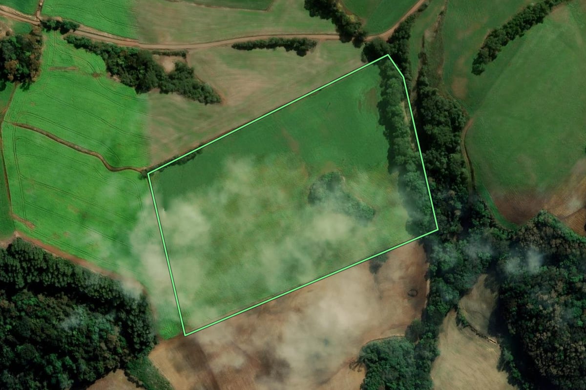 Imagem de satélite do imóvel rural em Vila Lângaro (RS), com o contorno declarado no CAR desenhado por cima.