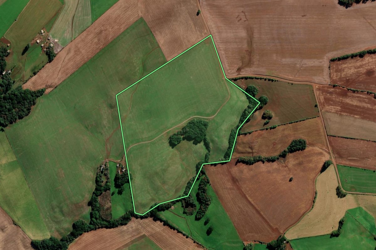 Imagem de satélite do imóvel rural em Vila Lângaro (RS), com o contorno declarado no CAR desenhado por cima.