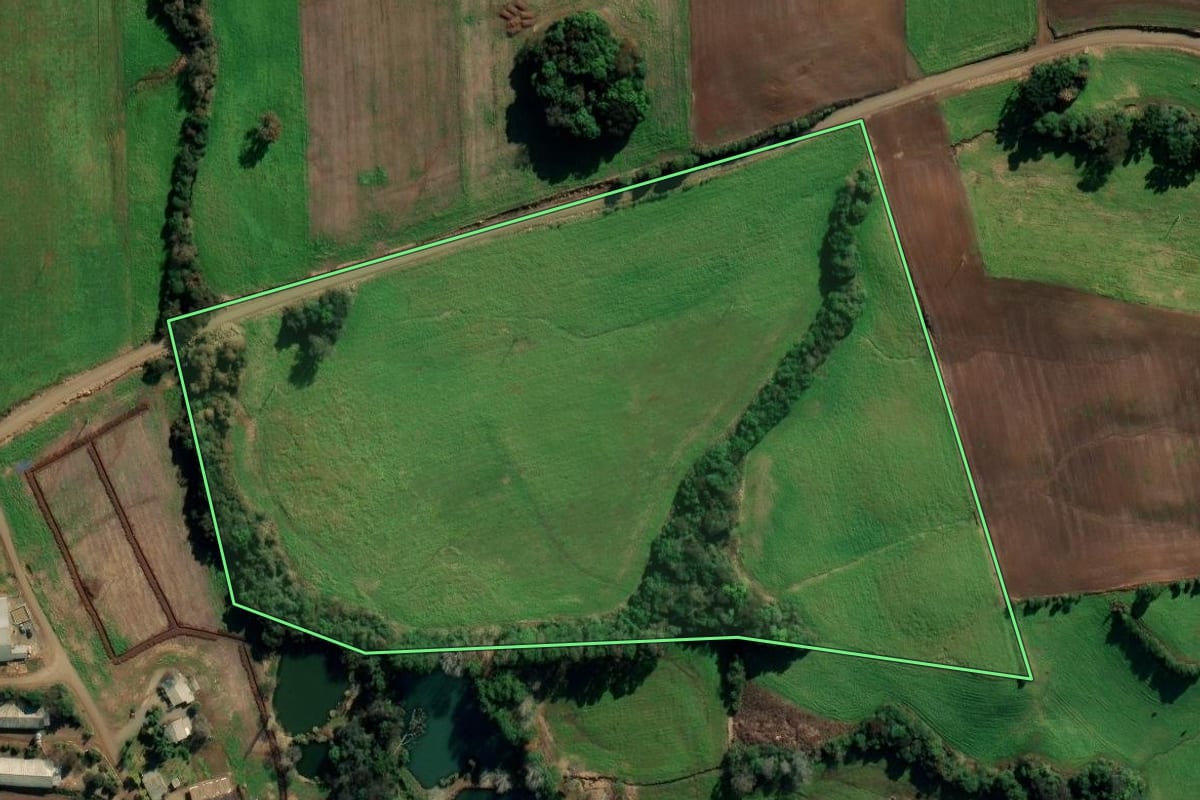 Imagem de satélite do imóvel rural em Vila Lângaro (RS), com o contorno declarado no CAR desenhado por cima.
