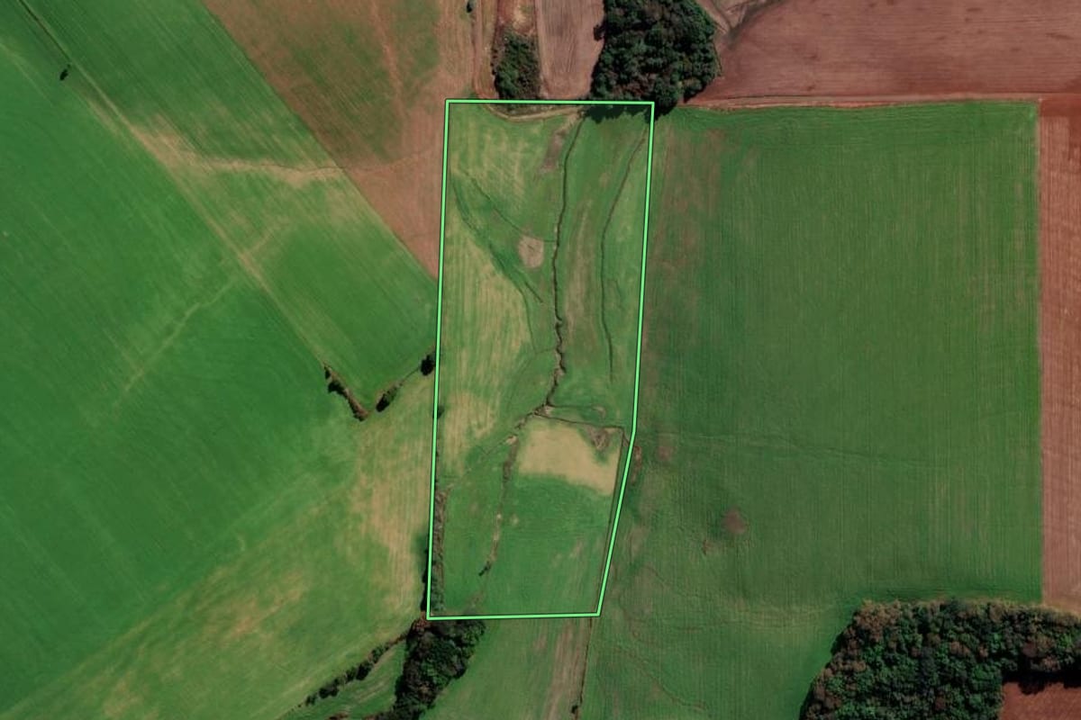 Imagem de satélite do imóvel rural em Vila Lângaro (RS), com o contorno declarado no CAR desenhado por cima.