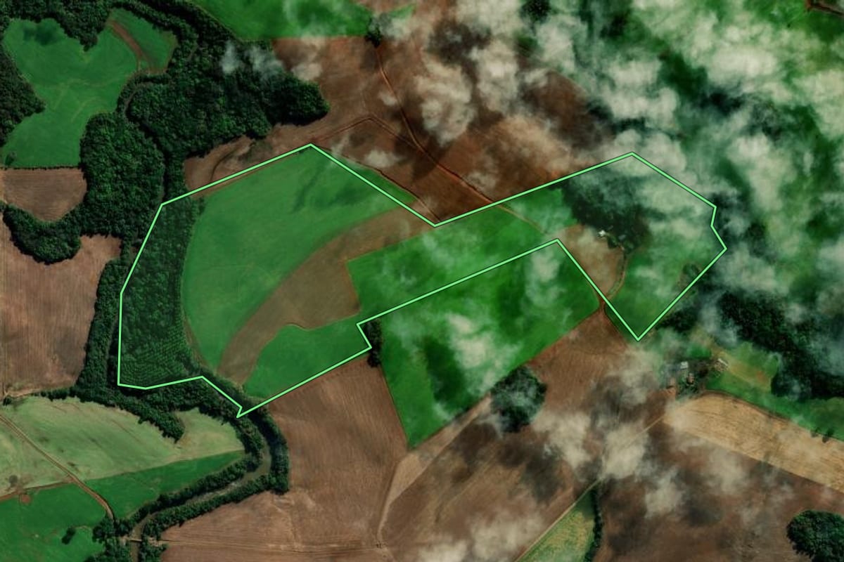 Imagem de satélite do imóvel rural em Vila Lângaro (RS), com o contorno declarado no CAR desenhado por cima.