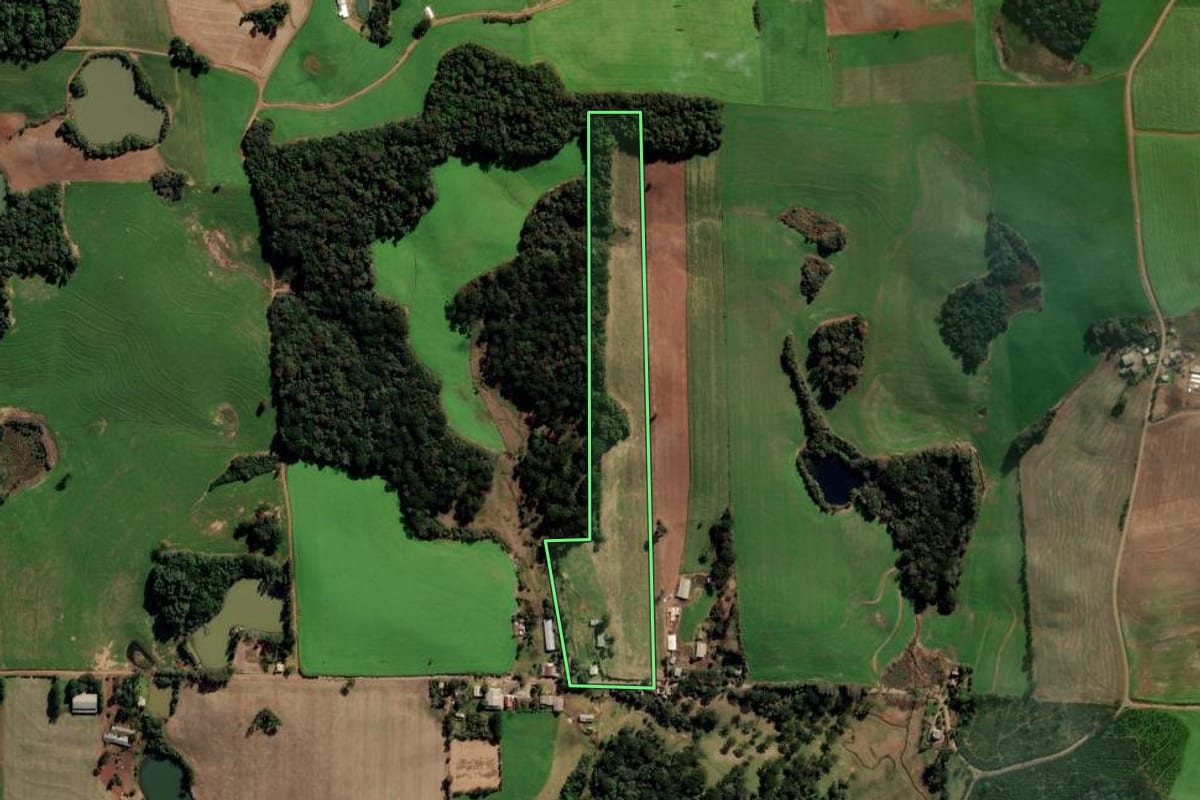 Imagem de satélite do imóvel rural em Vila Maria (RS), com o contorno declarado no CAR desenhado por cima.