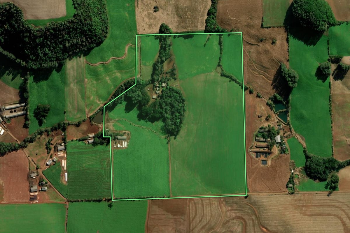 Imagem de satélite do imóvel rural em Vila Maria (RS), com o contorno declarado no CAR desenhado por cima.